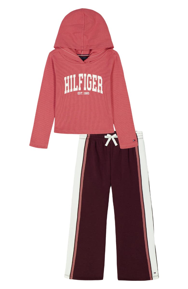 Tommy Hilfiger Graphic Hoodie & Wide Leg Pants Set, Alternate, color, Rose/ Pinot Noir