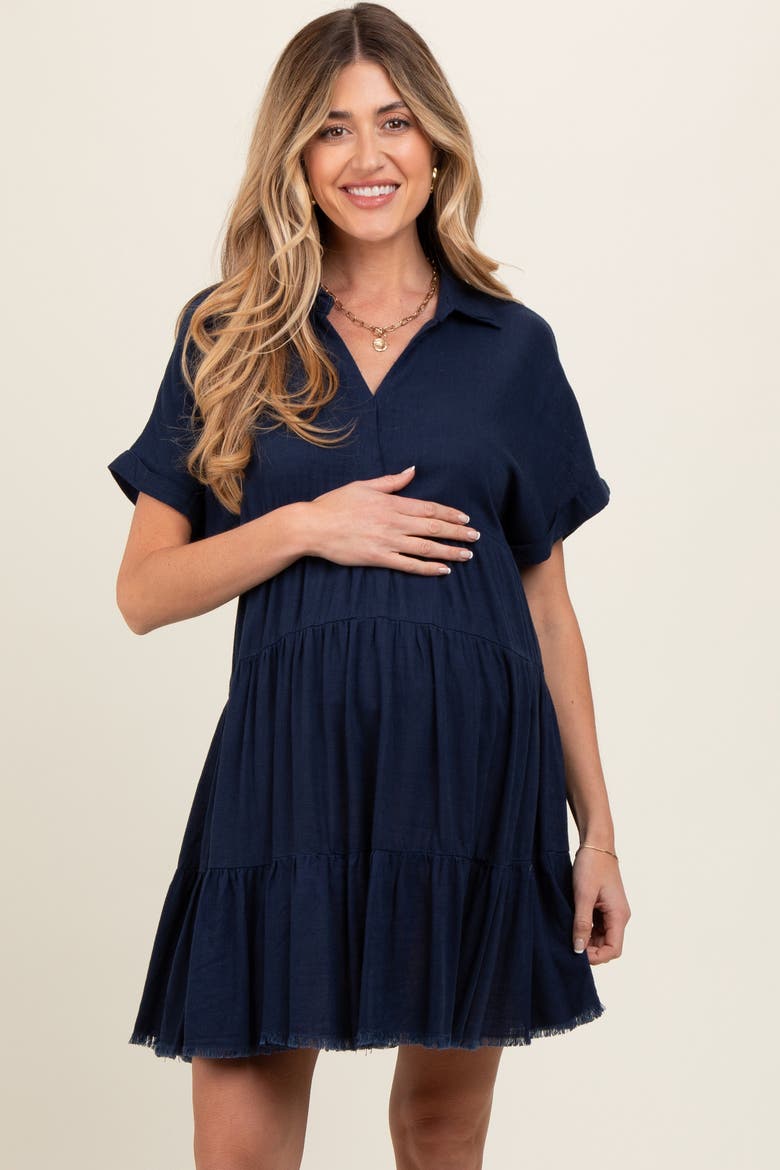 Tiered Linen Dress, Alternate, color, Navy Blue