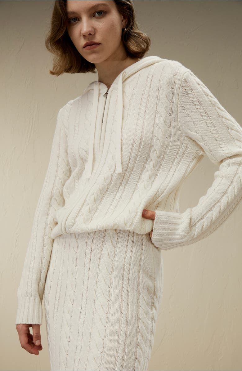 Lilysilk Women's Bela Cable-Knit Wool-Cashmere Blend Hoodie, Alternate, color, White