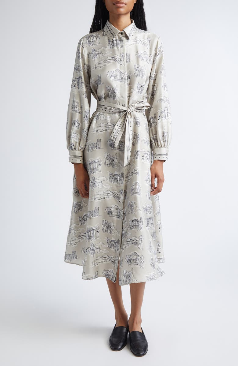 Max Mara Carbone Print Long Sleeve Silk Shirtdress, Main, color, Sand