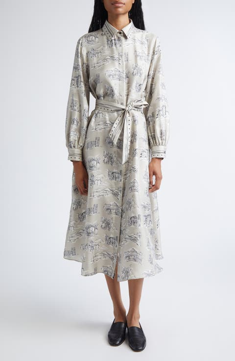 Carbone Print Long Sleeve Silk Shirtdress