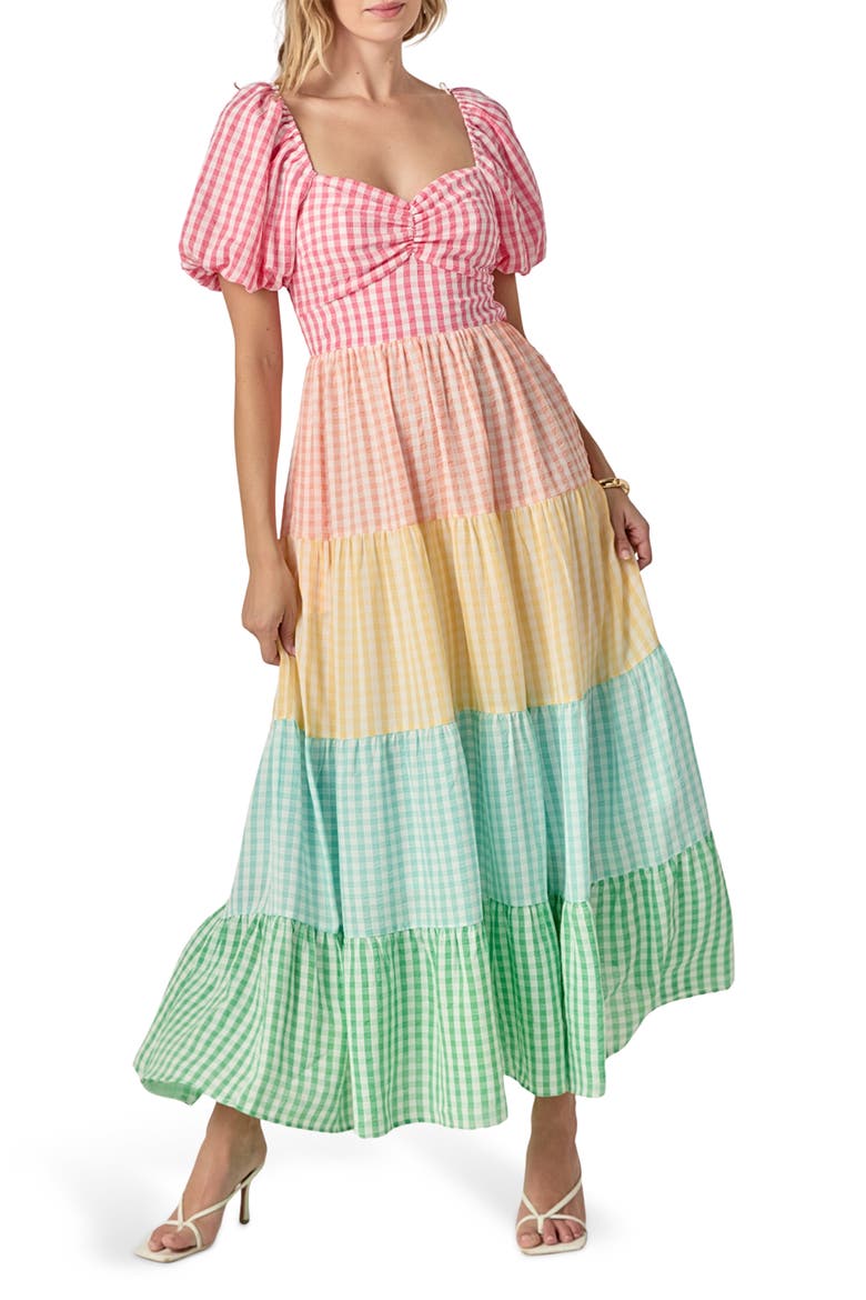 Colorblock Puff Sleeve Open Back Maxi Dress, Main, color, RAINBOW MULTI