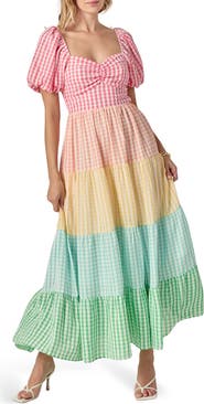 English Factory Colorblock Puff Sleeve Open Back Maxi Dress