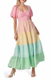 Colorblock Puff Sleeve Open Back Maxi Dress