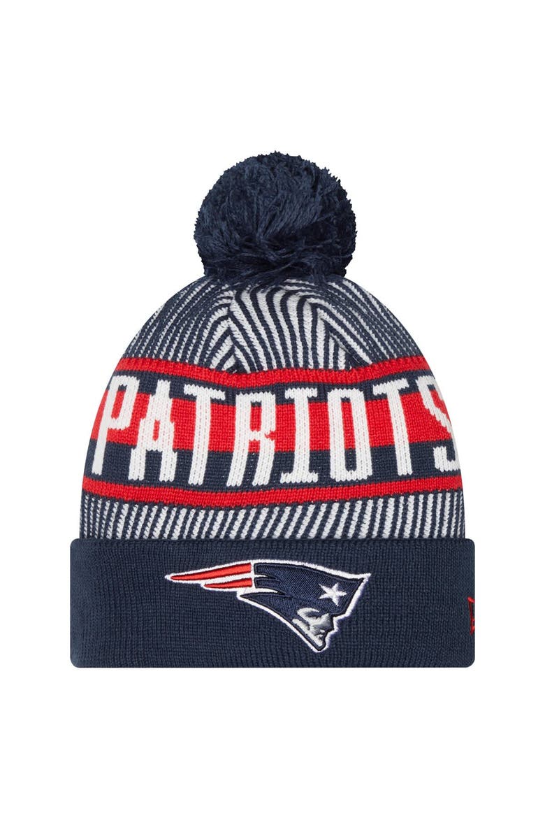 Youth New Era Navy New England Patriots Striped  Cuffed Knit Hat with Pom, Main, color, Navy