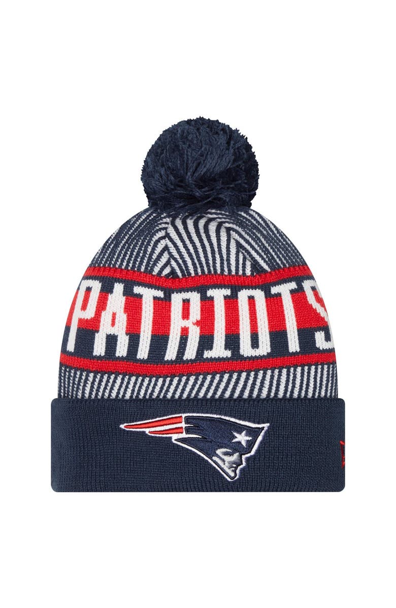 New Era Youth New Era Navy New England Patriots Striped  Cuffed Knit Hat with Pom, Main, color, Navy