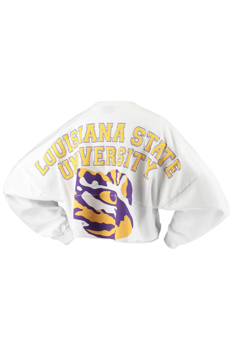 Women's White LSU Tigers Raw Hem Cropped Spirit Jersey Long Sleeve T-Shirt, Alternate, color, White