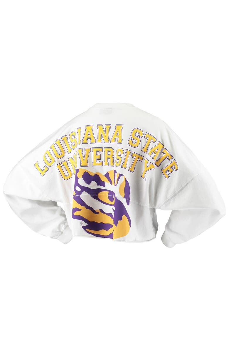 SPIRIT JERSEY Women's White LSU Tigers Raw Hem Cropped Spirit Jersey Long Sleeve T-Shirt, Alternate, color,