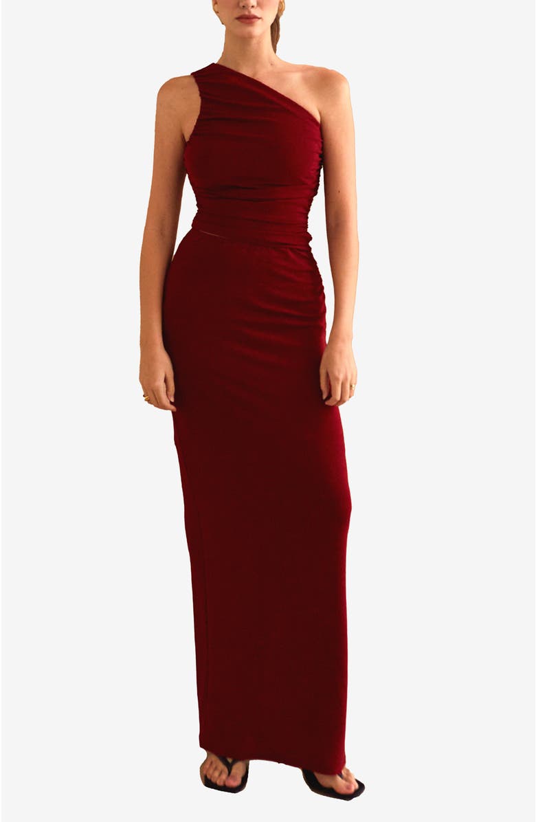 CRESCENT One Shoulder Knit Top & Skirt Set, Main, color, Ruby