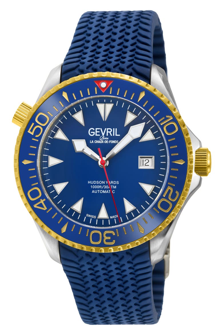 Hudson Yards Automatic Rubber Strap Watch, 43mm, Main, color, BLUE
