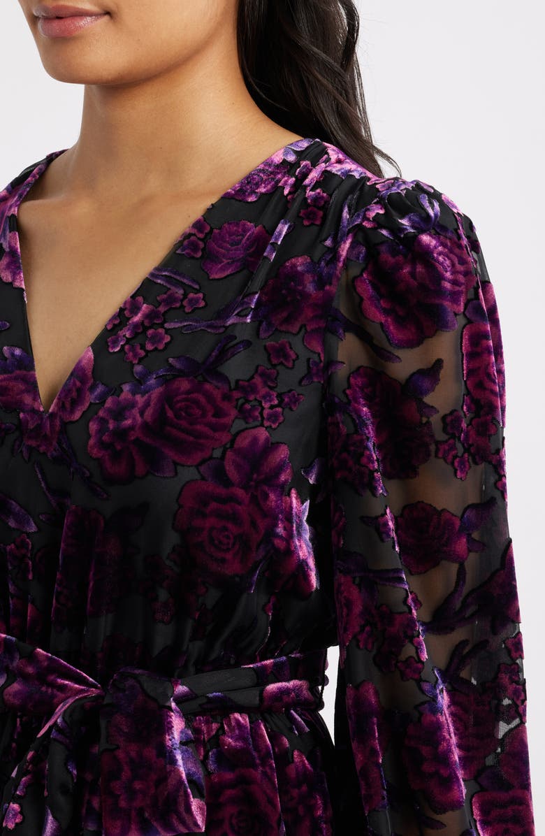 Eliza J Ruffle Floral Burnout Long Sleeve Fit & Flare Cocktail Dress, Alternate, color, Black Wild Berry