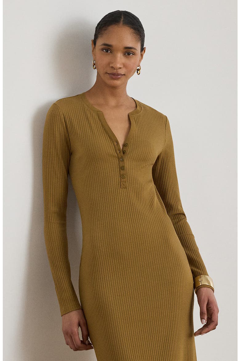 Long Sleeve Henley Midi Dress, Alternate, color, TOBACCO BRONZE BROWN