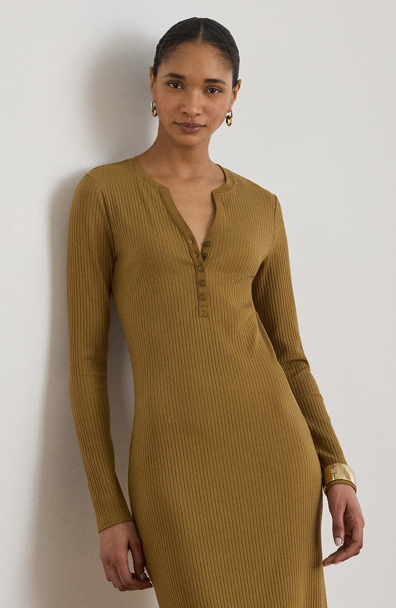 Lauren Ralph Lauren Long Sleeve Henley Midi Dress, Alternate, color, Tobacco Bronze Brown