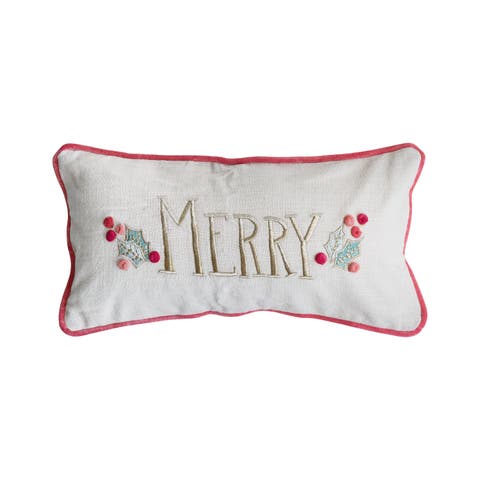 Slub Lumbar Pillow with Hand-Embroidery, Pom Poms, Piping and Velvet Back "Merry", Multicolor