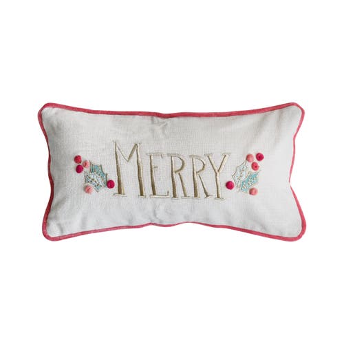 Storied Home Slub Lumbar Pillow With Hand-embroidery, Pom Poms, Piping And Velvet Back "merry", Mult In White