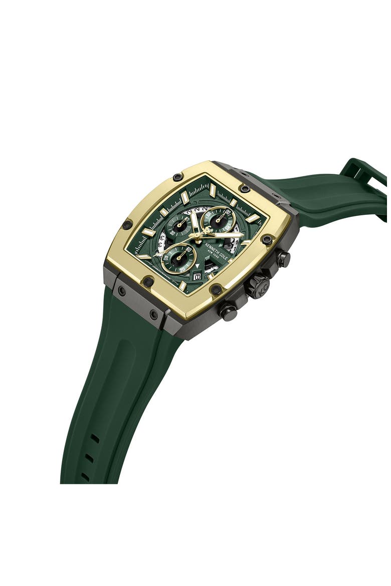 Sport Tonneau Chronograph Silicone Strap Watch, 44mm x 28mm, Alternate, color, GREEN