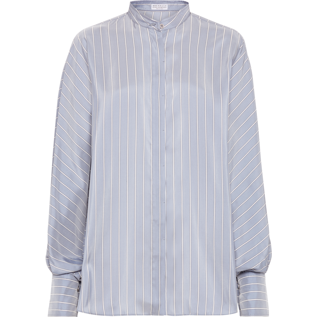 Brunello Cucinelli Camicia A Righe In Seta Azzurra In Azure