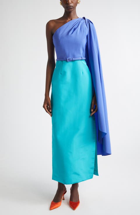 Colorblock Belted Silk Faille Gown with Detachable Cape Sleeve