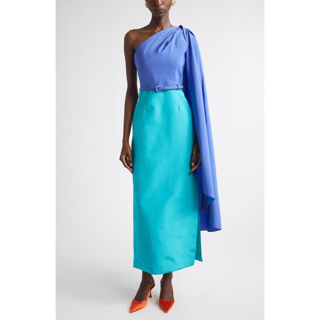 Carolina Herrera Colorblock Belted Silk Faille Gown With Detachable Cape Sleeve In Multi
