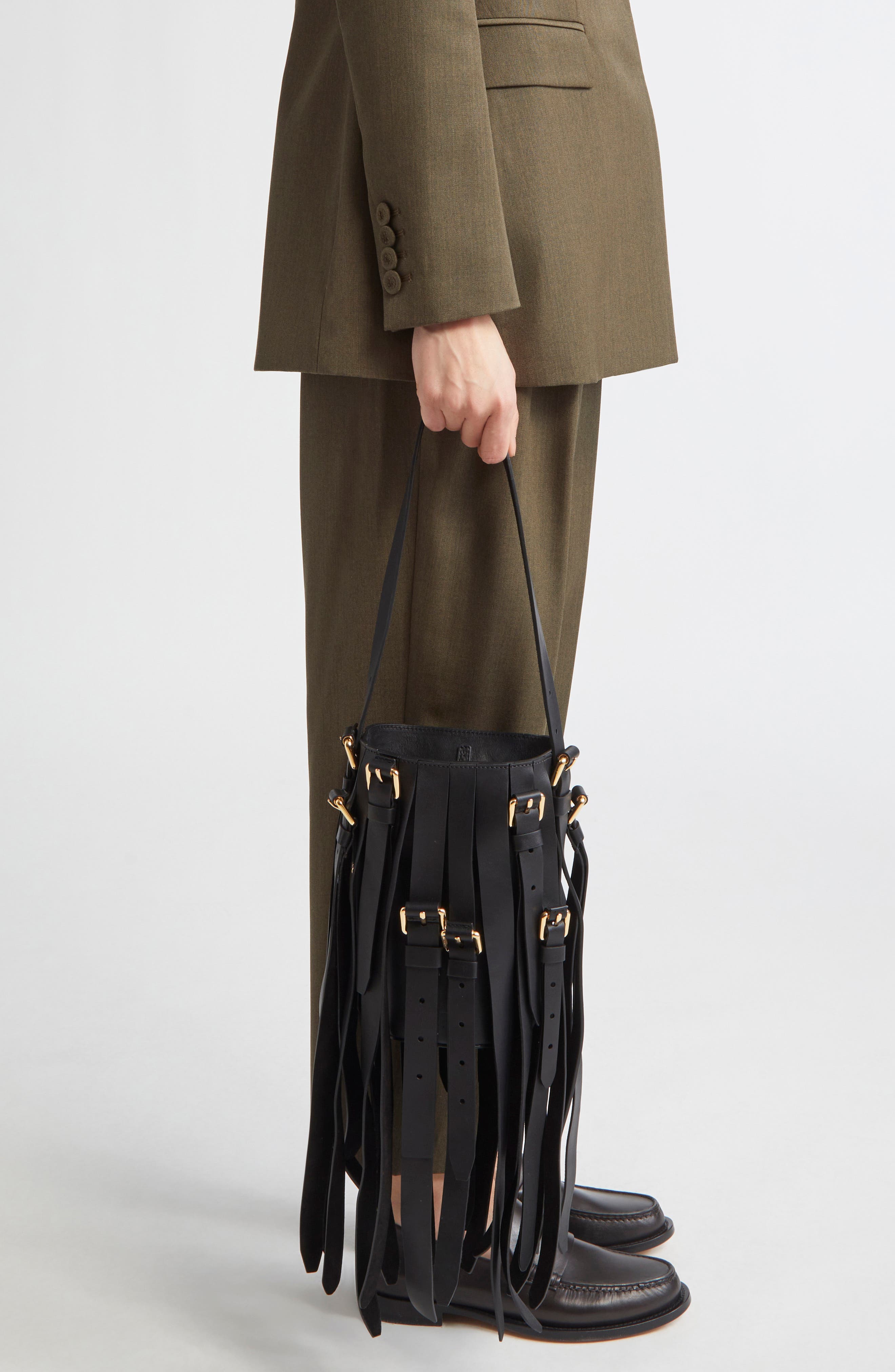 Moschino Small Multibelts Leather Bucket Bag, Alternate, color, 