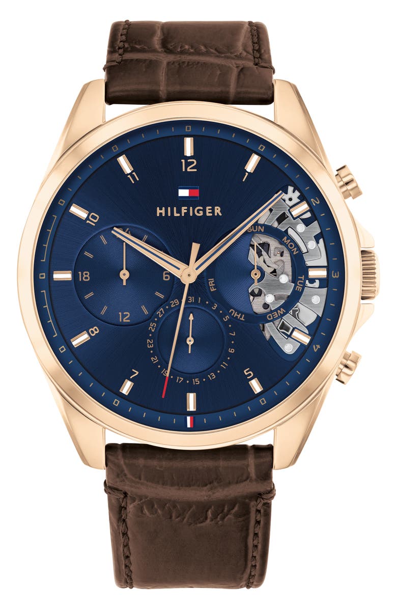 Tommy Hilfiger Baker Croc Embossed Leather Strap Watch, 43.5mm, Main, color, Blue