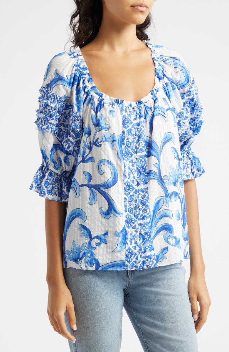 Ramy Brook Lula Print Off the Shoulder Top, Alternate, color, Spring Navy Positano