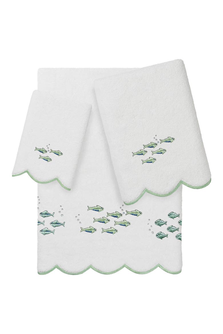 Fish School Scallop 3-Piece Hand Towel Set, Main, color, WHITE/ GREEN
