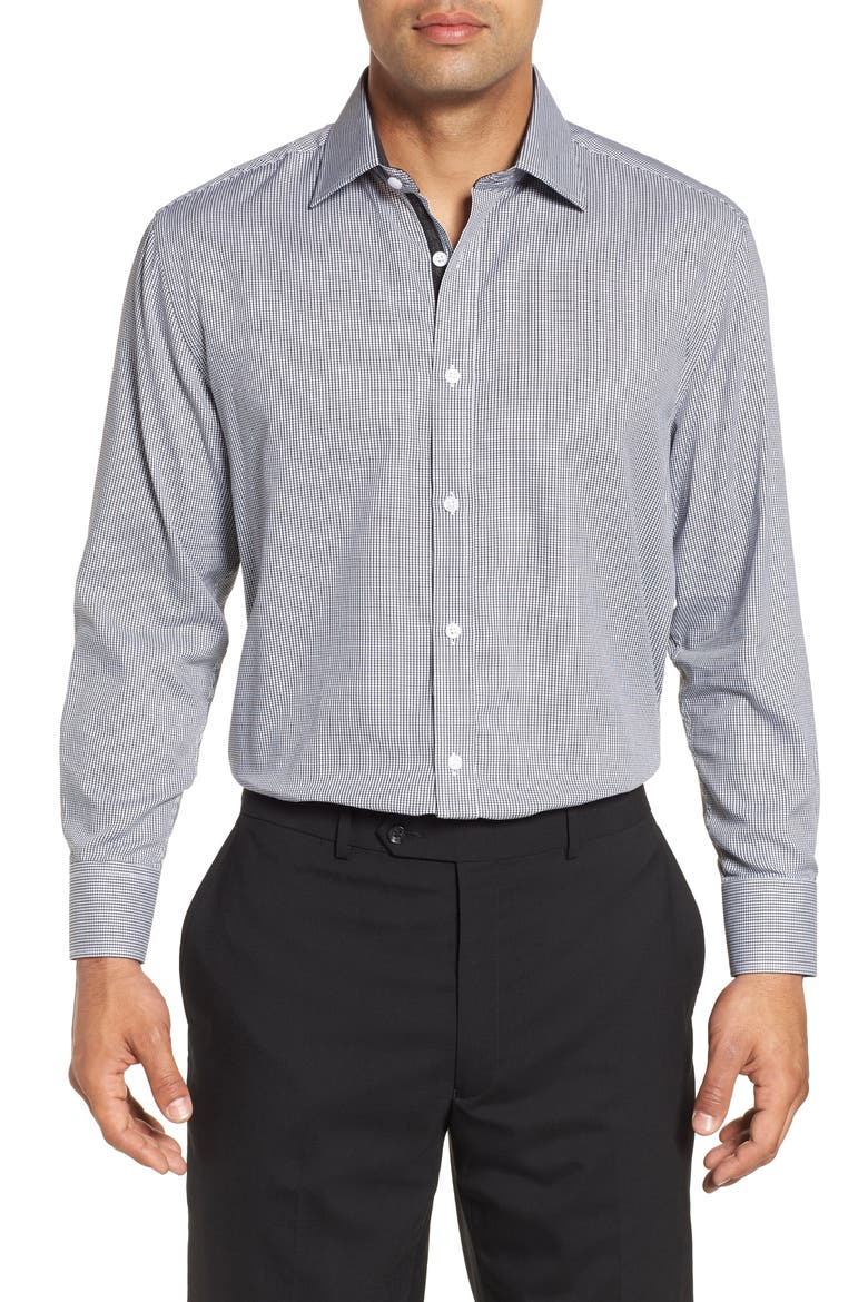 Trim Fit Check Dress Shirt, Main, color, BLACK