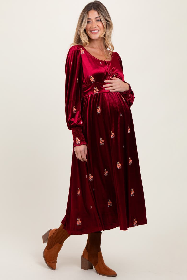 Velvet Embroidered Floral Midi Dress, Alternate, color, Red