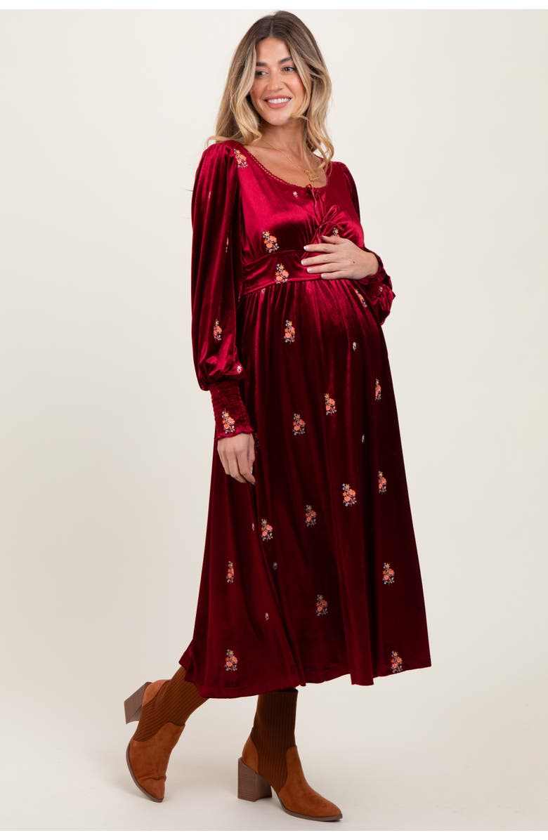 PinkBlush Velvet Embroidered Floral Midi Dress, Alternate, color, Red