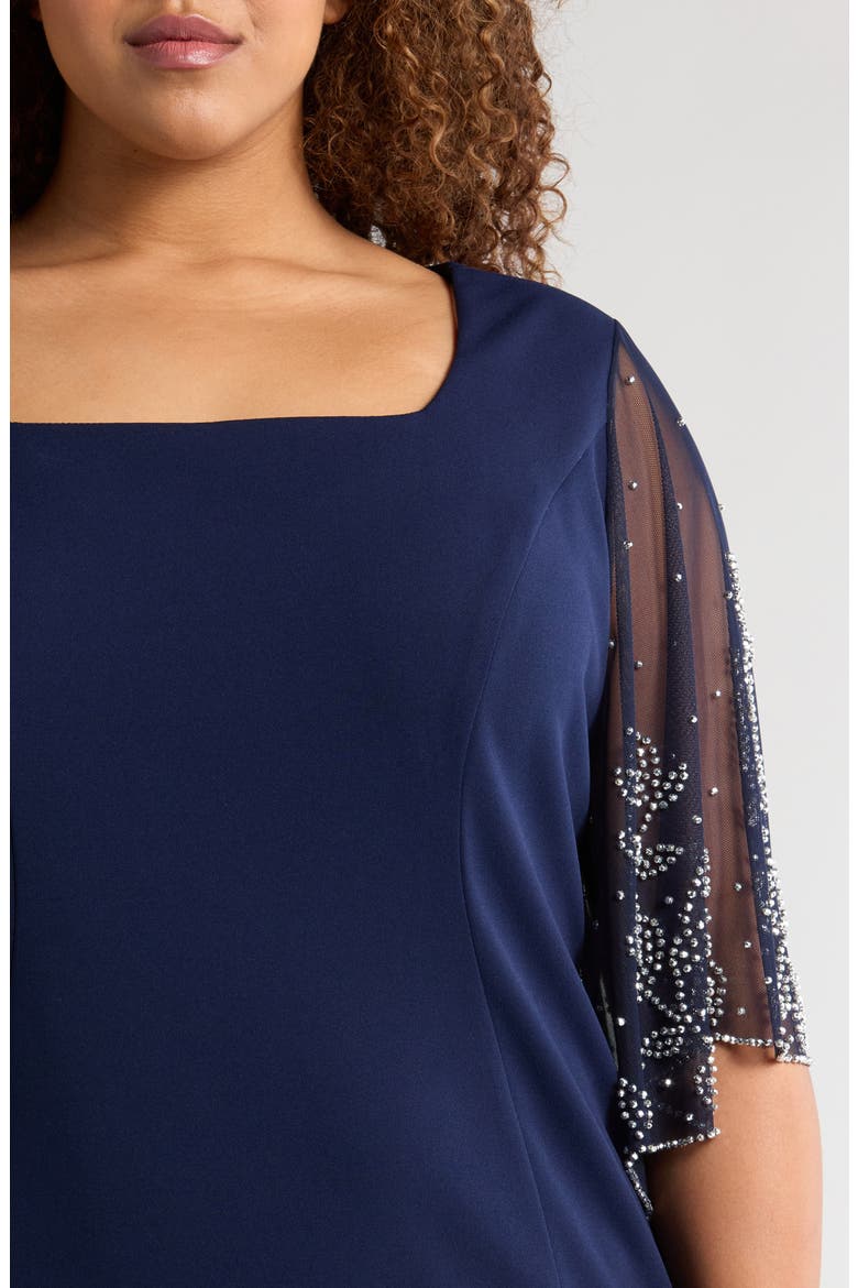 Beaded Sleeve Stretch Crepe Cocktail Sheath Dress, Alternate, color, NAVY