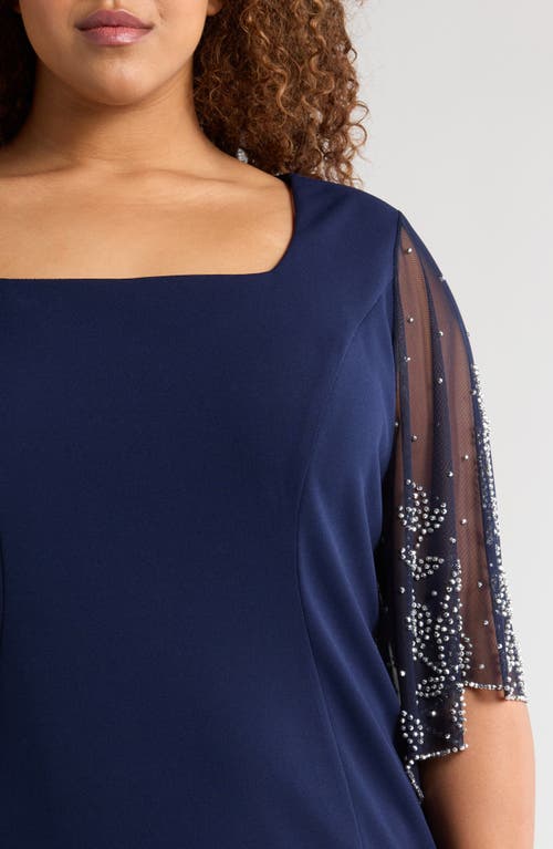 ALEX EVENINGS ALEX EVENINGS BEADED SLEEVE STRETCH CREPE COCKTAIL SHEATH DRESS