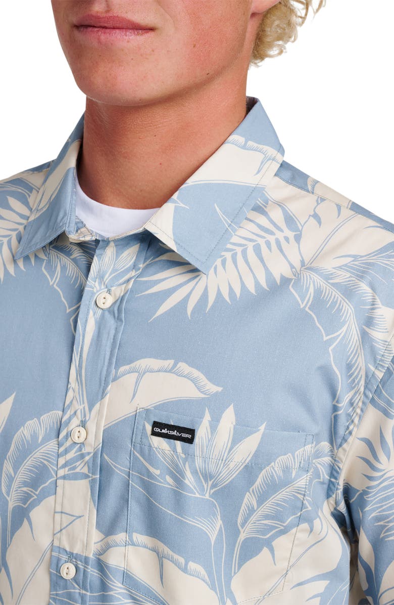Quiksilver Kahnu Classic Fit Leaf Print Short Sleeve Button-Up Shirt, Alternate, color, Ashley Blue