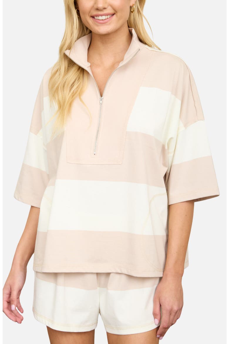 Stripe Half Zip Top & Shorts Set, Main, color, KHAKI