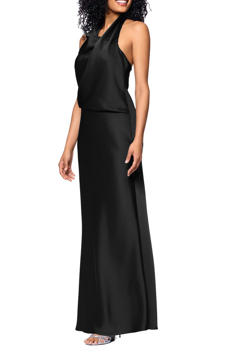 Betsy & Adam Drape Satin Gown, Alternate, color, Black