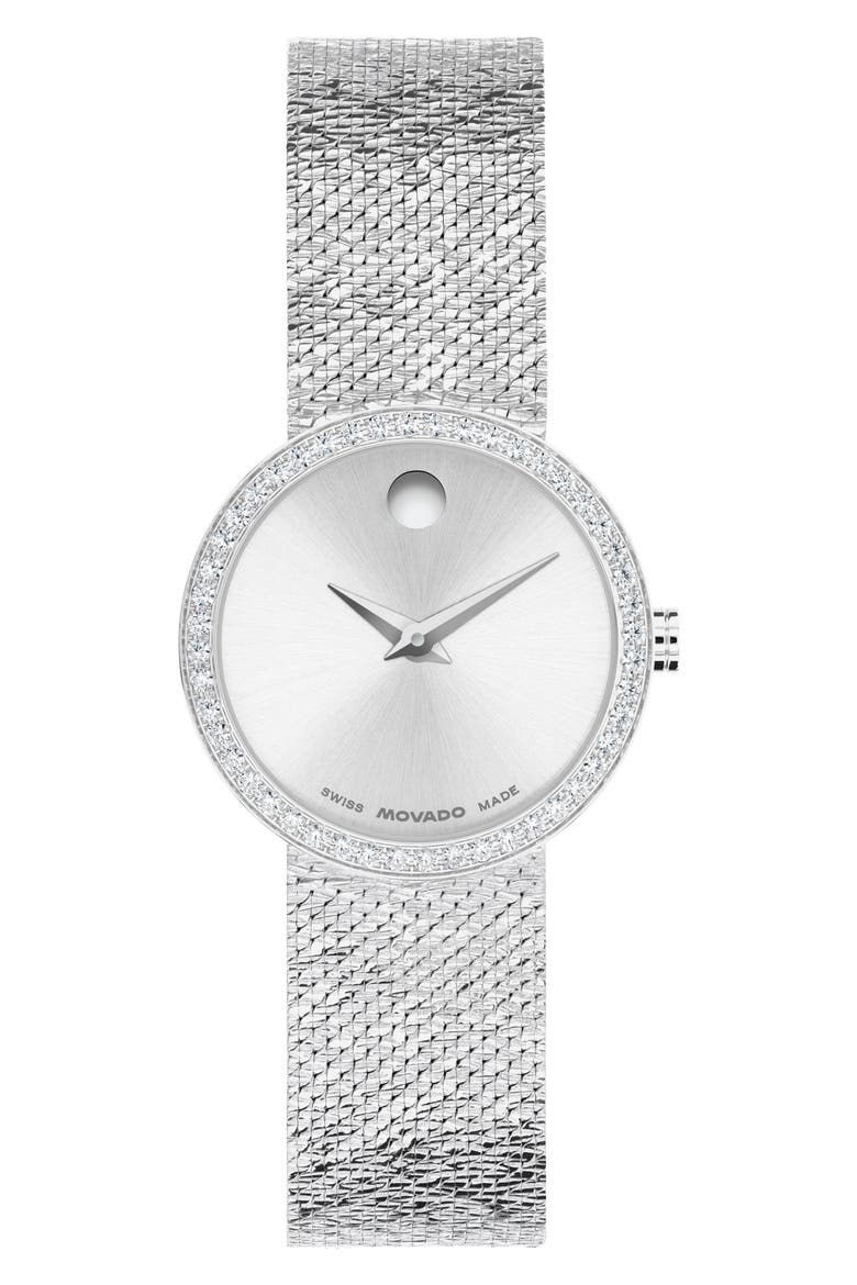 Museum Velura Lab Grown Diamond Mesh Strap Watch, 25mm, Main, color, SILVER