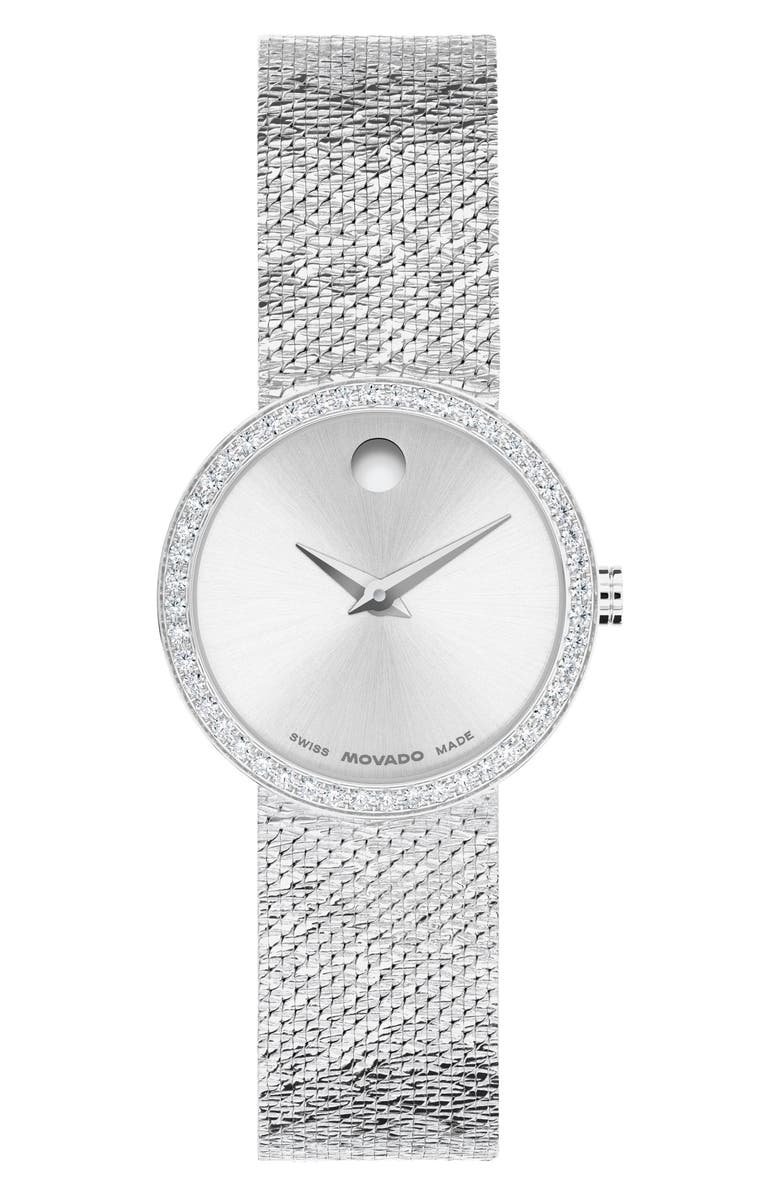 Movado Museum Velura Lab Grown Diamond Mesh Strap Watch, 25mm, Main, color, 