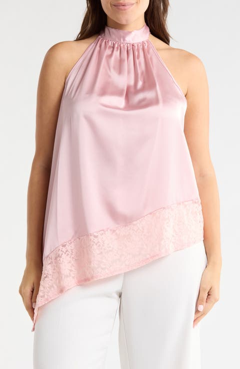 Sleeveless Lace Trim Satin Asymmetric Top (Plus)