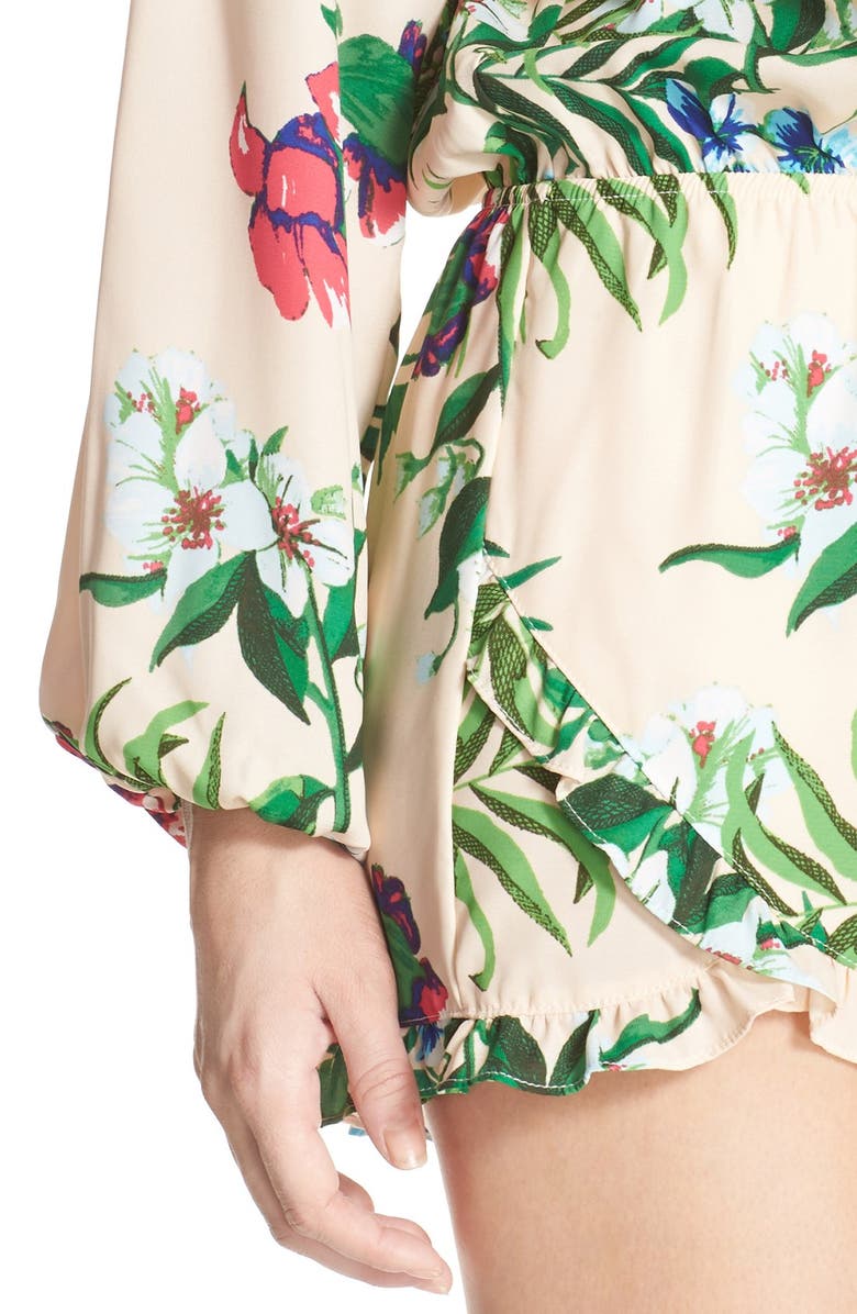 Fraiche by J Off the Shoulder Print Romper, Alternate, color, Peach
