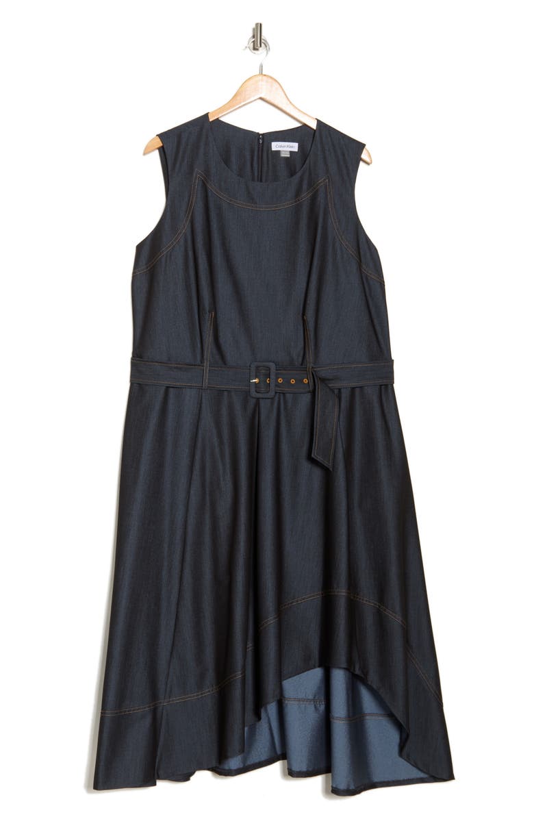 Calvin Klein Sleeveless Belted Denim High-Low Midi Dress, Main, color, Blue