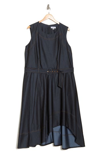 Calvin Klein Sleeveless Belted Denim High-low Midi Dress In Blue