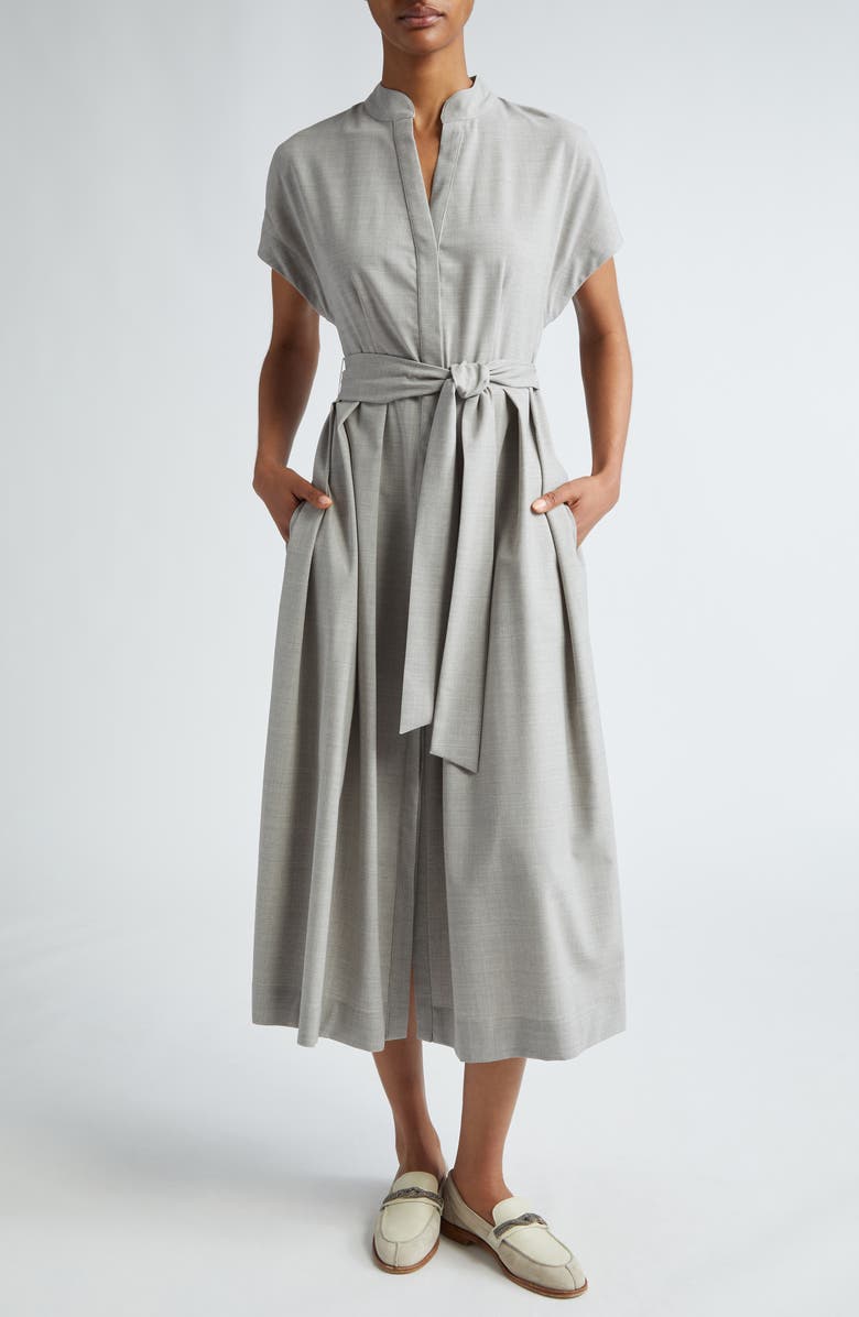 Eleventy Cap Sleeve Stretch Wool Midi Shirtdress, Main, color, Grey