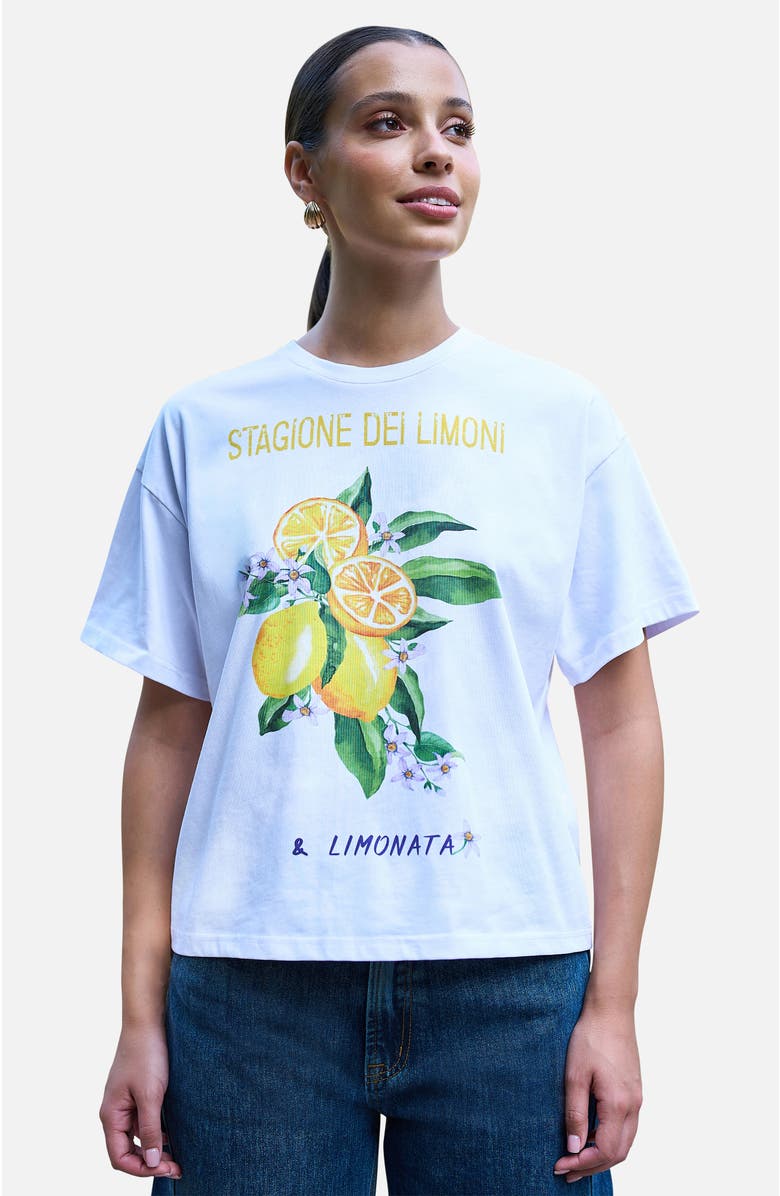 Yumi Retro Lemon Print Cotton T Shirt, Main, color, White