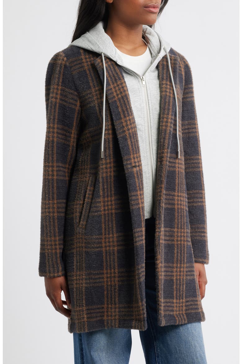 Plaid Coat with Bib Hoodie, Alternate, color, BLACK COPPER COMBO