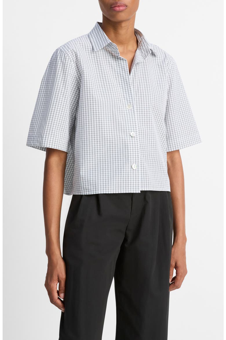 Check Cotton Crop Button-Up Shirt, Alternate, color, OFF WHITE/ COASTAL