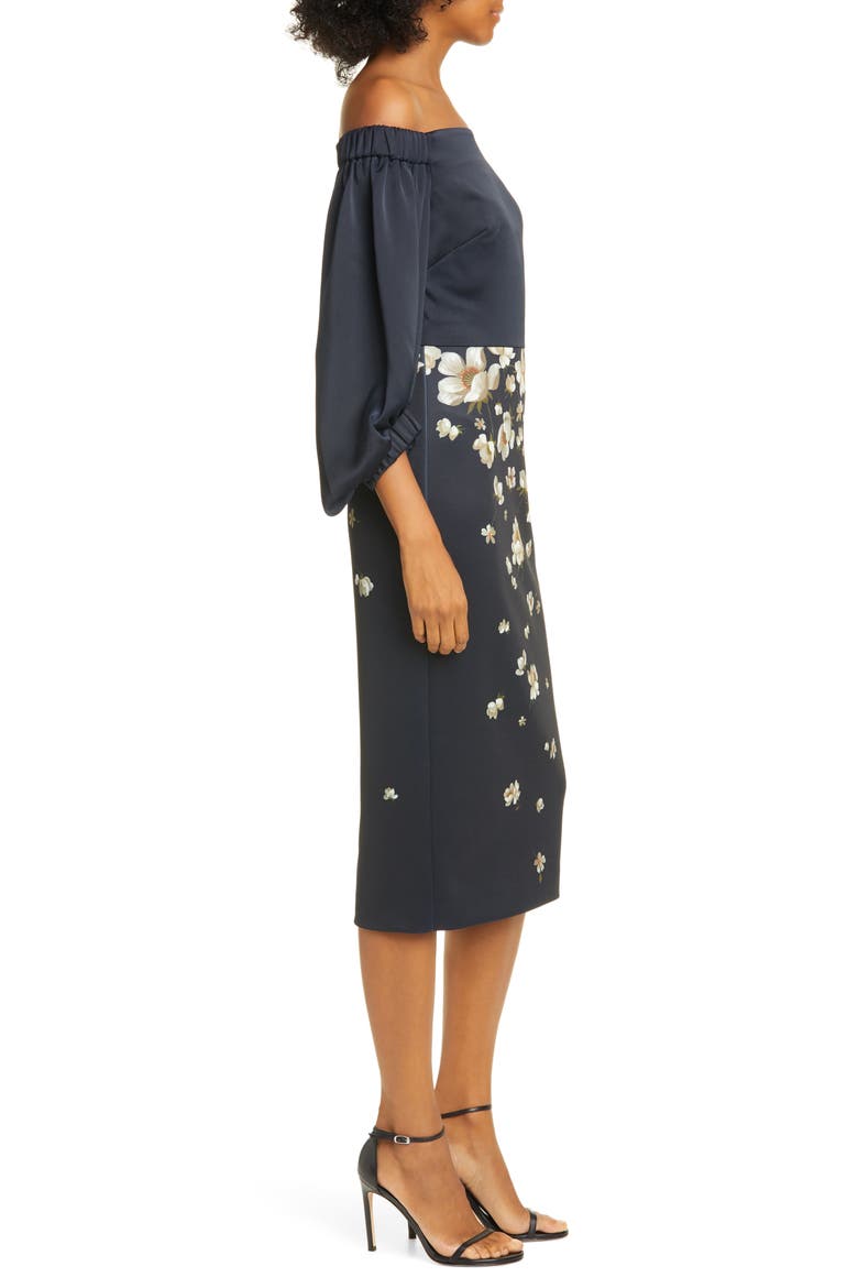 Pearl Floral Off the Shoulder Midi Dress, Alternate, color, NAVY