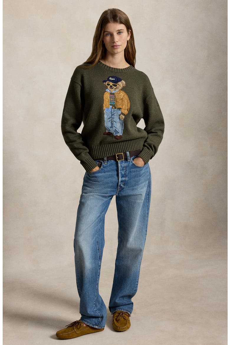 Polo Bear Cotton Crewneck Sweater, Alternate, color, MARLED OLIVE