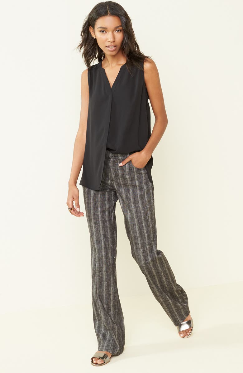 NYDJ Print Pleat Back Sleeveless Split Neck Blouse, Main, color, Black