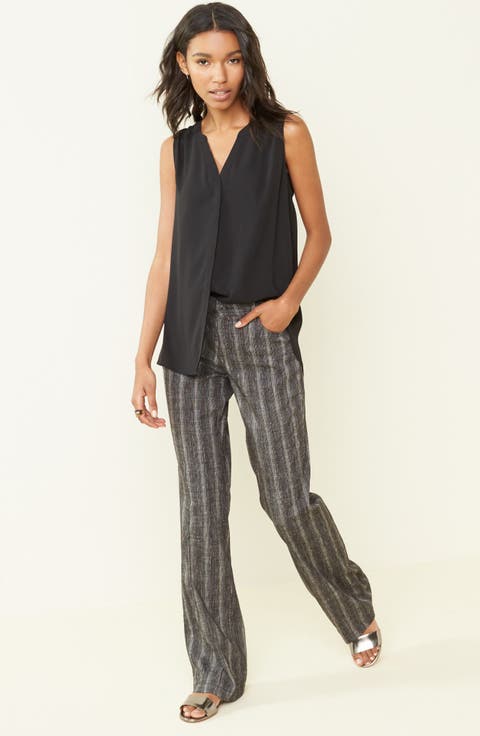 Print Pleat Back Sleeveless Split Neck Blouse (Regular & Petite) (Nordstrom Exclusive)