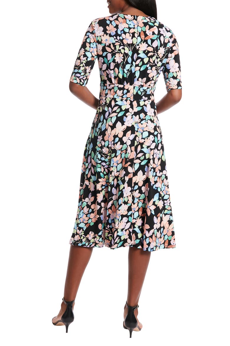 Floral Inset Waist Fit & Flare Midi Dress, Alternate, color, BLACK/ LILAC